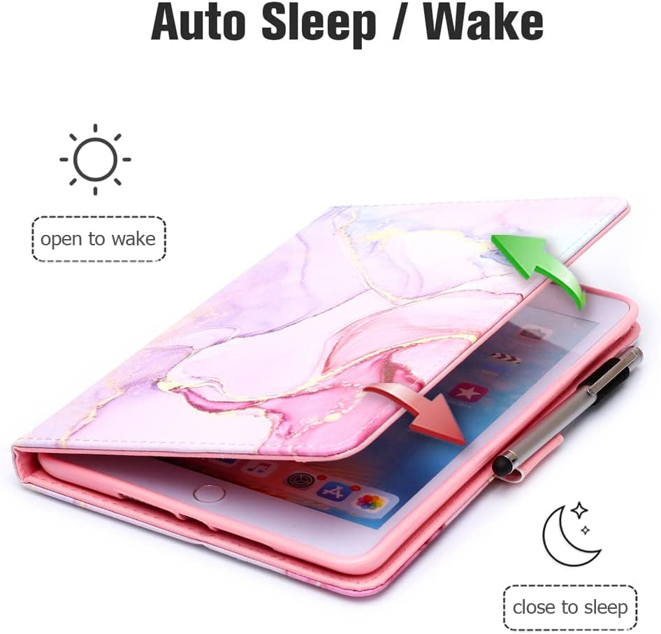 Ipad Mini 5 Case Mini 4 Mini 3 2 Cover, Smart Wake Sleep Flip Stand Case Soft PU Leather Protective Case with Card Slot Pen Holder for Apple Ipad Mini 1 2 3 4 5 - Pink Marble