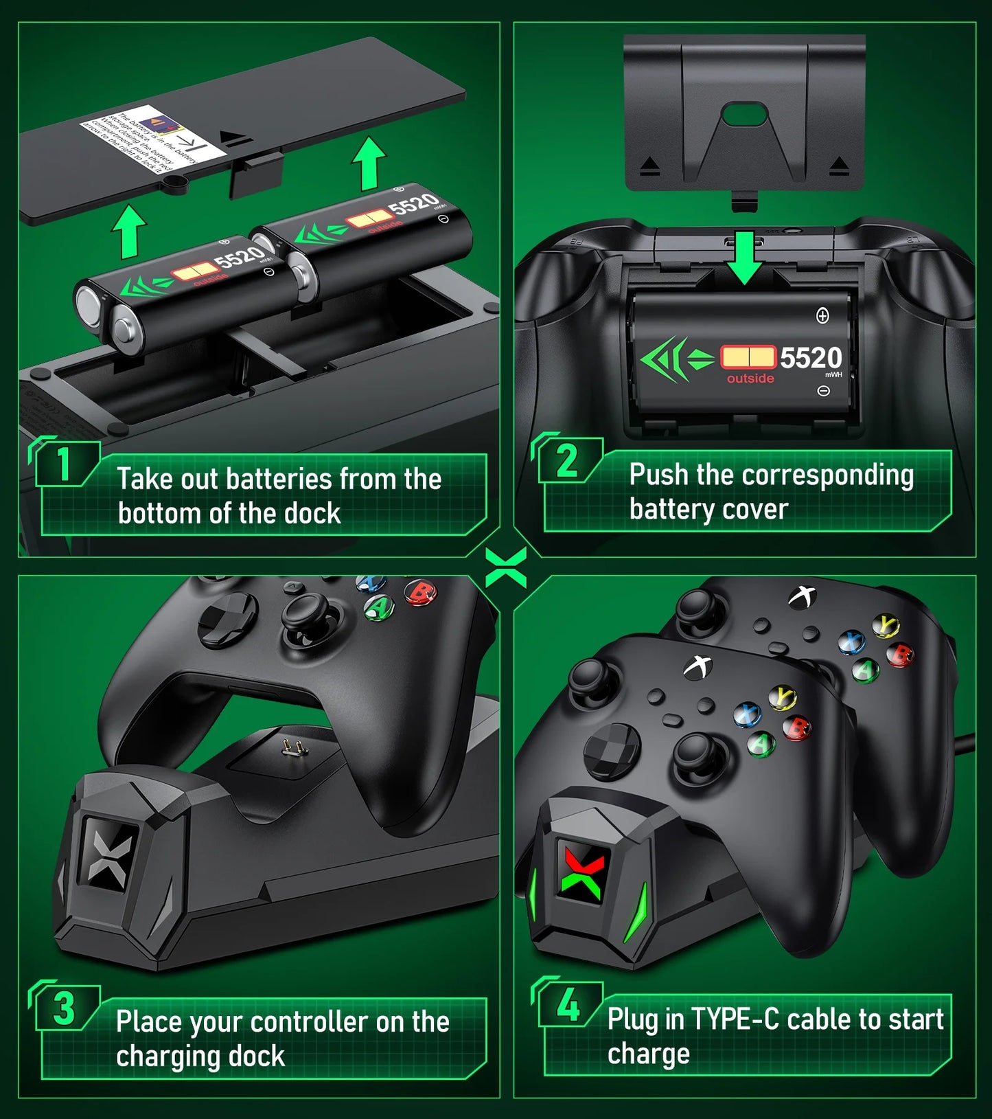 Xbox Controller Charger Station with 2*5520Mwh Rechargeable Battery Pack for Xbox Series X/ Series S/Xbox One,Black