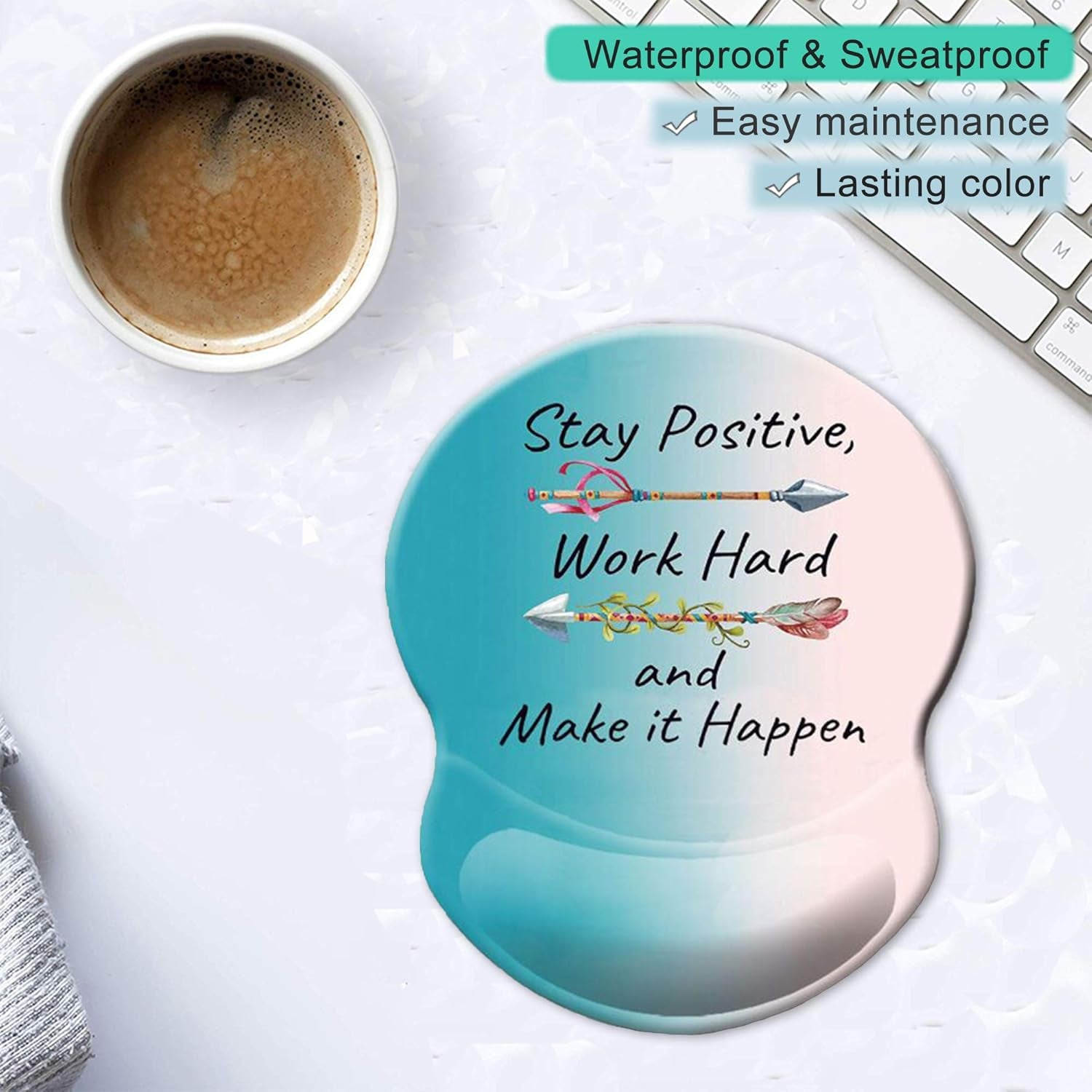 Ergonomic Mouse Pad with Gel Wrist Rest Support Non-Slip PU Base Stay Positive Work Hard and Make It Happen Inspirational Quote Cute Small Mouse Pad Pain Relief, 8.7 X 7.2 Inches