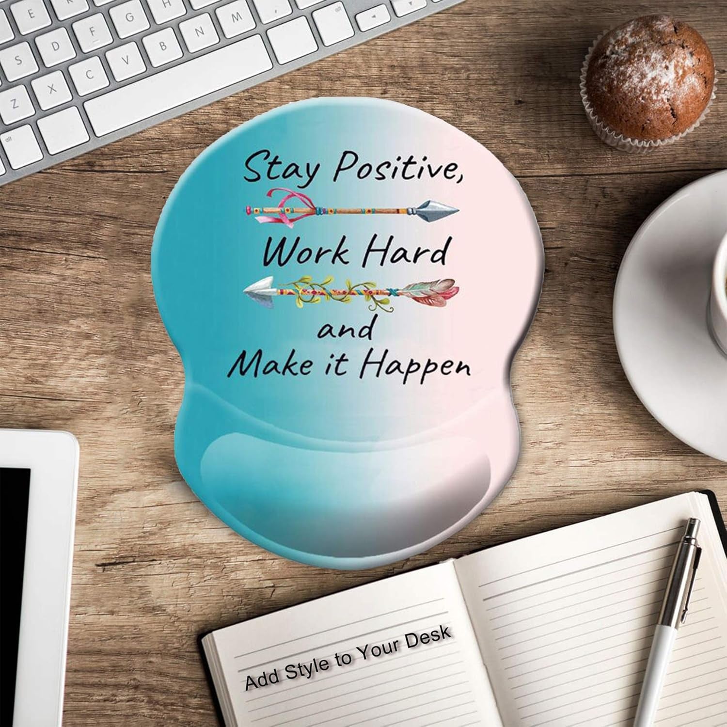 Ergonomic Mouse Pad with Gel Wrist Rest Support Non-Slip PU Base Stay Positive Work Hard and Make It Happen Inspirational Quote Cute Small Mouse Pad Pain Relief, 8.7 X 7.2 Inches